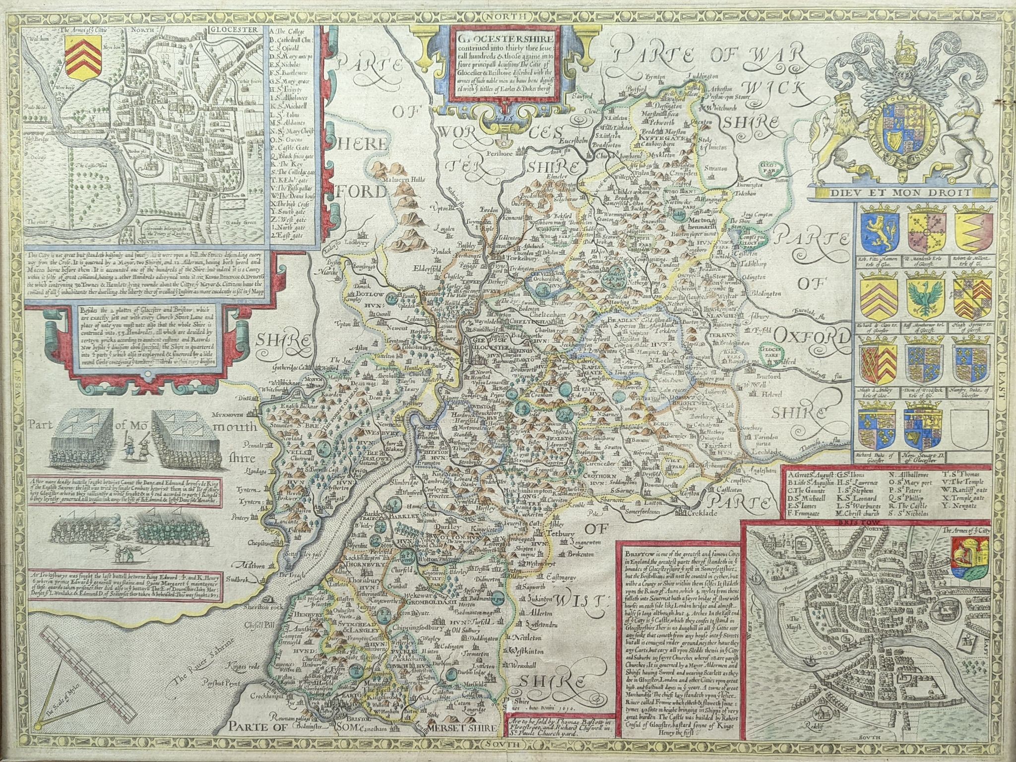 John Speed, coloured engraving, Map of Glocestershire 1627, printed in English verso, 40 x 52cm